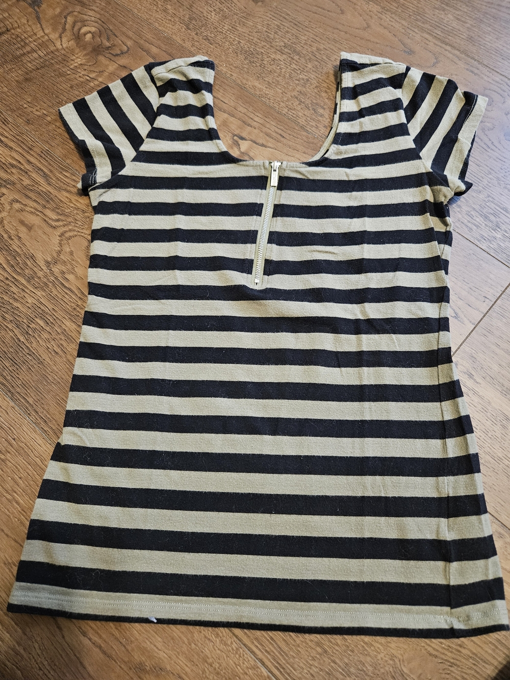 Guess Black and Olive Striped Zip-Front Top